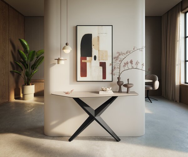 DELIFE Konzolasztal Edge poligonális 140x50 cm Laminam® Travertino Bianco krémfehér Zentharo fém fekete