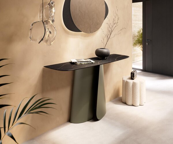 DELIFE Konzolasztal Edge hajóformájú 140x40 cm Laminam® kerámia Noir Desir barna Livos fém titán effekt finish