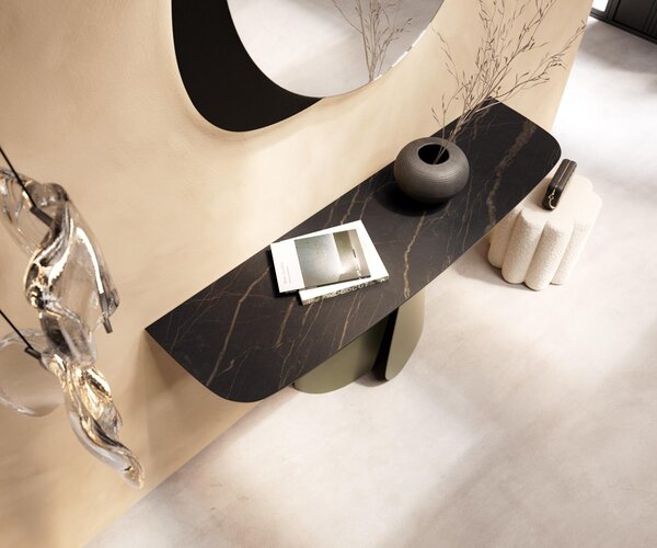 DELIFE Konzolasztal Edge hajóformájú 140x40 cm Laminam® kerámia Noir Desir barna Livos fém titán effekt finish