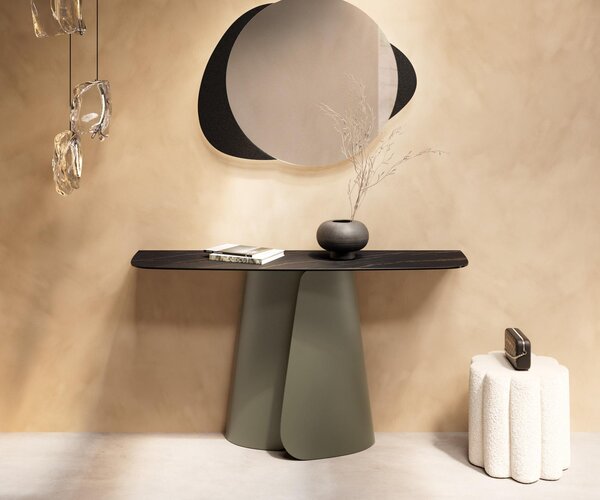 DELIFE Konzolasztal Edge hajóformájú 140x40 cm Laminam® kerámia Noir Desir barna Livos fém titán effekt finish