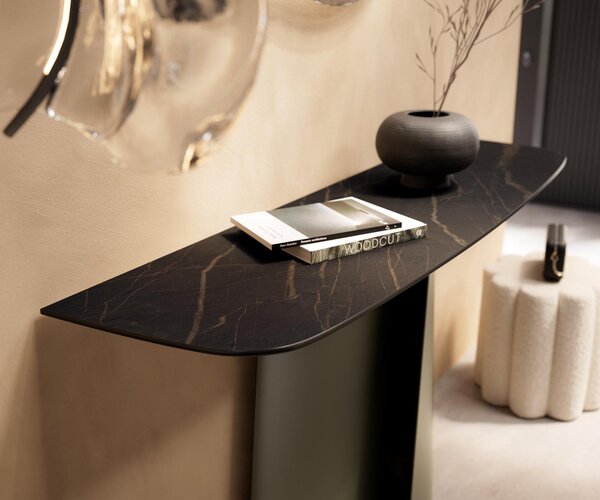 DELIFE Konzolasztal Edge hajóformájú 140x40 cm Laminam® kerámia Noir Desir barna Livos fém titán effekt finish