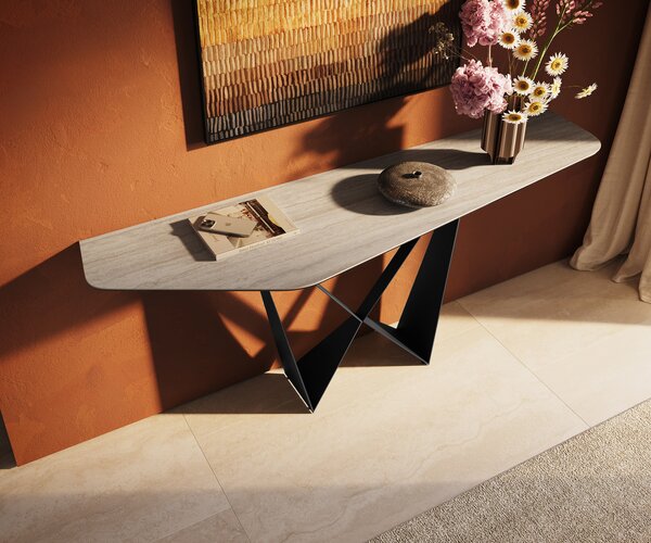 DELIFE Konzolasztal Edge poligonális 180x50 cm Laminam® Travertino Bianco krémfehér kerámia Spios fekete fém