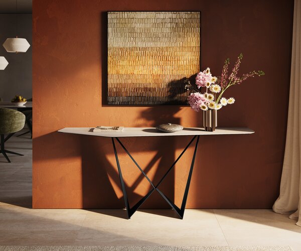 DELIFE Konzolasztal Edge poligonális 180x50 cm Laminam® Travertino Bianco krémfehér kerámia Spios fekete fém