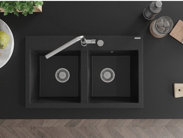 Mexen Hektor, 2 kamrás gránit mosogató 800x480x205 mm, fekete-ezüst metál, króm szifon, 6521802000-73