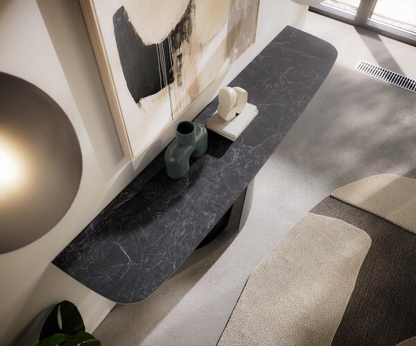 DELIFE Konzolasztal Edge hajóformájú 180x40 cm Laminam® Nero Greco antracit Livos fekete fém