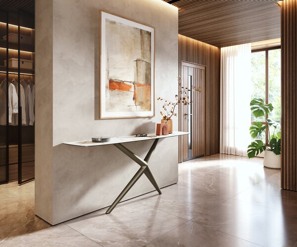 DELIFE Konzolasztal Edge hajóformájú 180x40 cm kerámia calacatta luxe fehér arany szürke Estelo fém titán színű hatású
