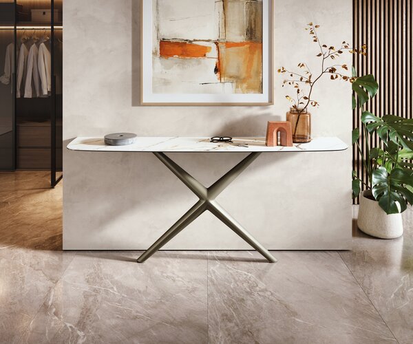 DELIFE Konzolasztal Edge hajóformájú 180x40 cm kerámia calacatta luxe fehér arany szürke Estelo fém titán színű hatású