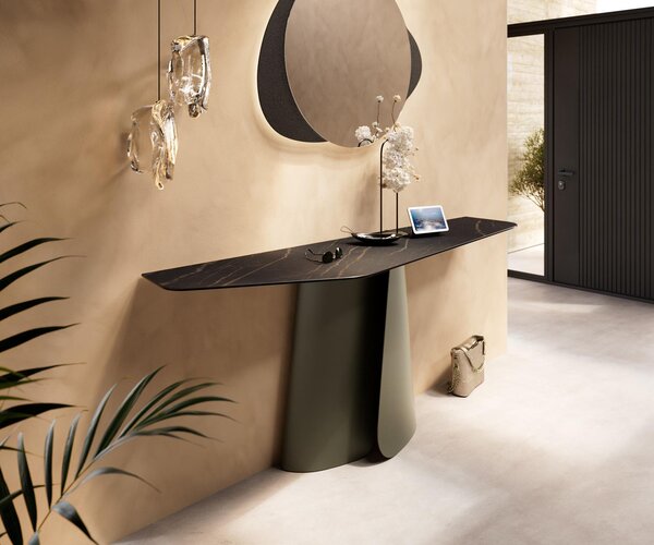 DELIFE Konzolasztal Edge poligonális 180x50 cm Laminam® kerámia Noir Desir barna Livos fém titán effekt finish