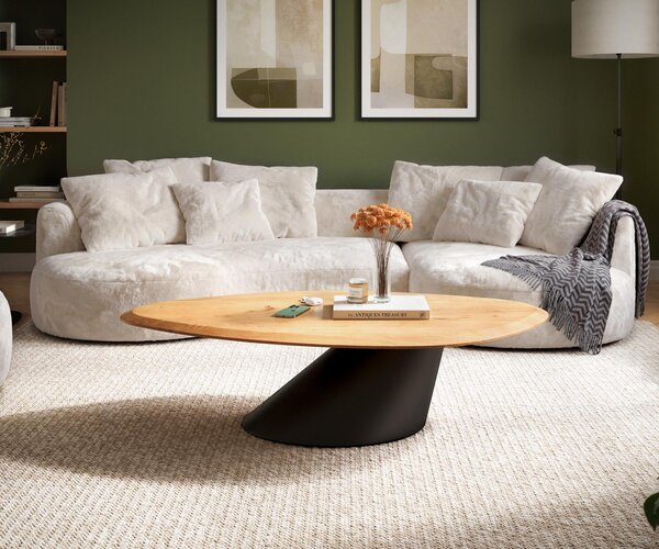 DELIFE Dohányzóasztal Edge organikus 140x76 cm tölgy természetes Flow-Edge kúpos fém fekete