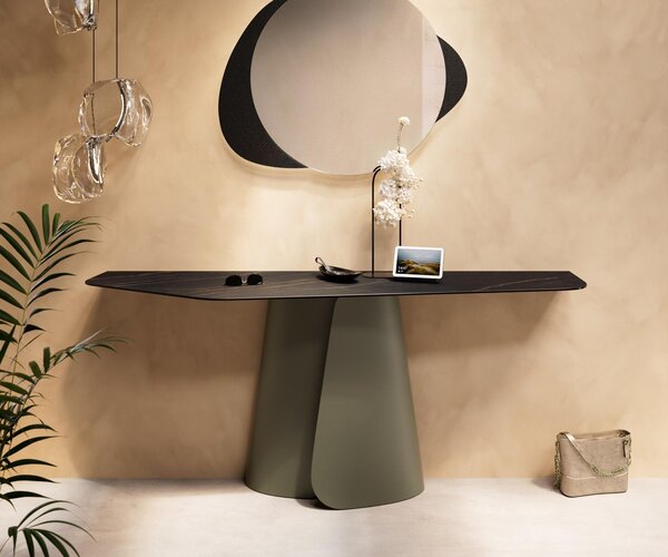 DELIFE Konzolasztal Edge poligonális 180x50 cm Laminam® kerámia Noir Desir barna Livos fém titán effekt finish