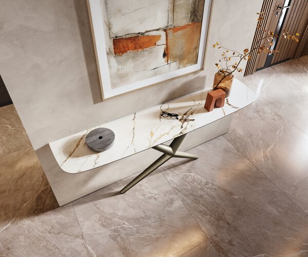 DELIFE Konzolasztal Edge hajóformájú 180x40 cm kerámia calacatta luxe fehér arany szürke Estelo fém titán színű hatású