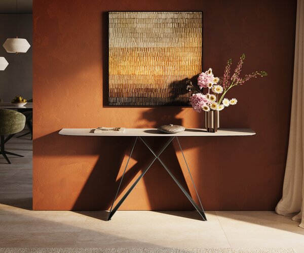 DELIFE Konzolasztal Edge hajóformájú 180x40 cm Laminam® Travertino Bianco krémfehér Velio fém titán színű hatású