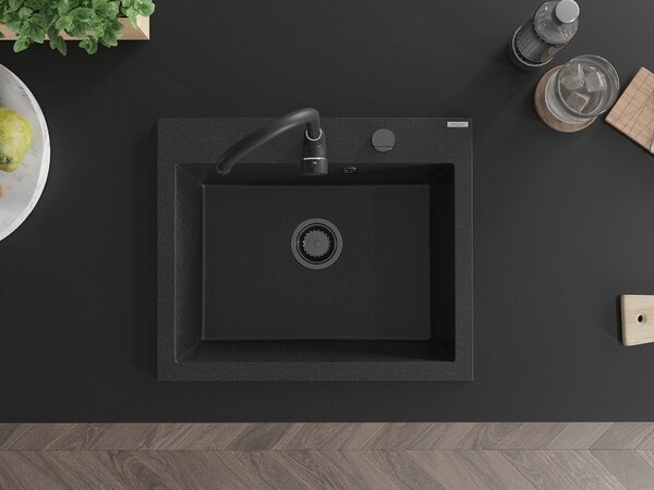 Mexen Elix, 1 rekeszes gránit mosogató 600 x 500 mm, fekete/ezüstmetál, fekete szifon - 6525601005-73-B