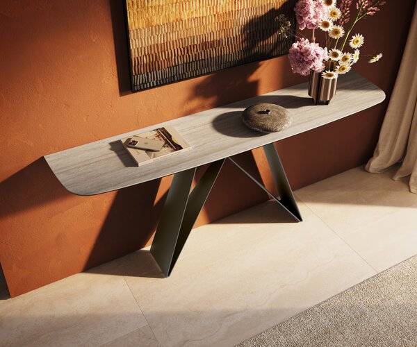 DELIFE Konzolasztal Edge hajóformájú 180x40 cm Laminam® Travertino Bianco krémfehér Velio fém titán színű hatású