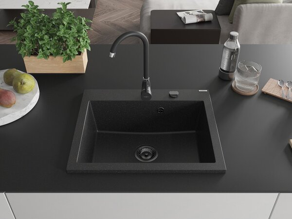 Mexen Elix, 1 rekeszes gránit mosogató 600 x 500 mm, fekete/ezüstmetál, fekete szifon - 6525601005-73-B