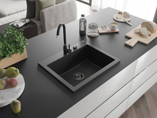Mexen Elix, 1 rekeszes gránit mosogató 600 x 500 mm, fekete/ezüstmetál, fekete szifon - 6525601005-73-B