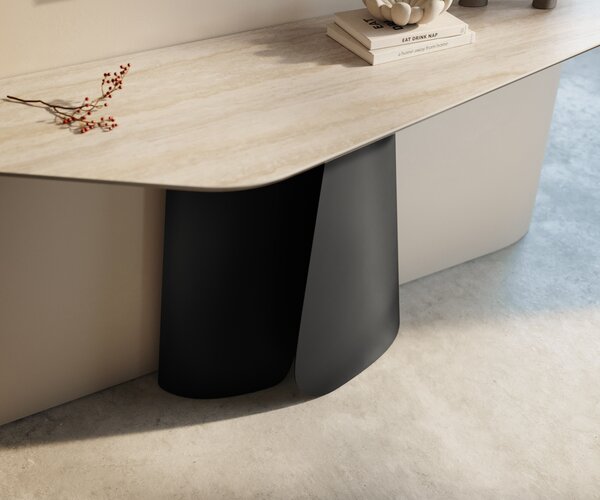DELIFE Konzolasztal Edge poligonális 140x50 cm Laminam® Travertino Bianco krémfehér Livos fém fekete