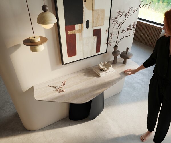 DELIFE Konzolasztal Edge poligonális 140x50 cm Laminam® Travertino Bianco krémfehér Livos fém fekete