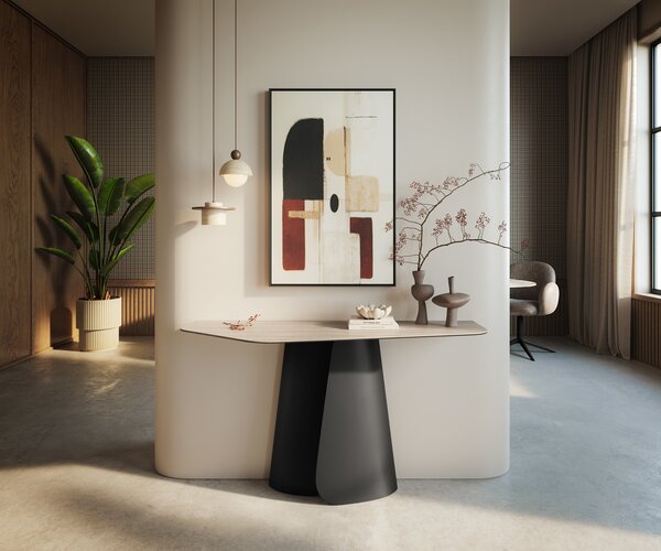 DELIFE Konzolasztal Edge poligonális 140x50 cm Laminam® Travertino Bianco krémfehér Livos fém fekete