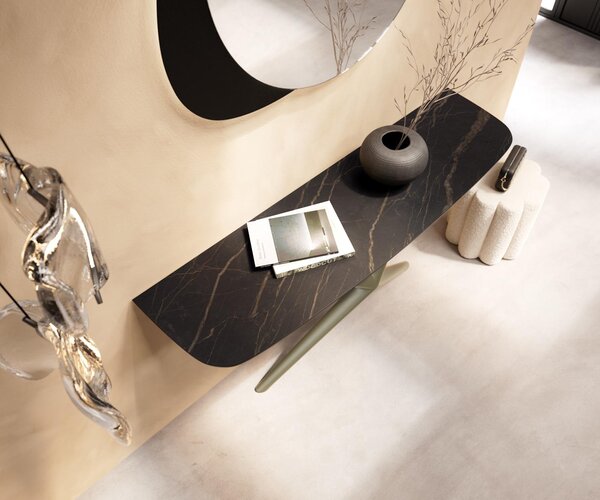 DELIFE Konzolasztal Edge hajóformájú 140x40 cm Laminam® kerámia Noir Desir barna Estelo fém titán effektfinish