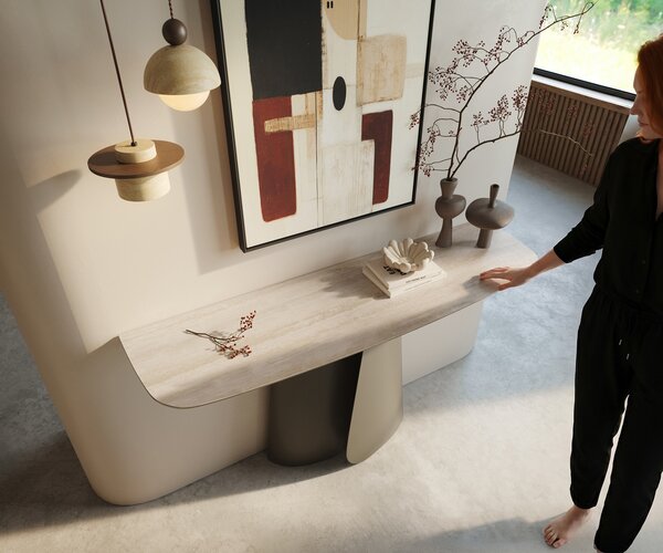 DELIFE Konzolasztal Edge hajóformájú 140x40 cm kerámia Laminam® Travertino Bianco krémfehér Livos fém titán színű effekt finish