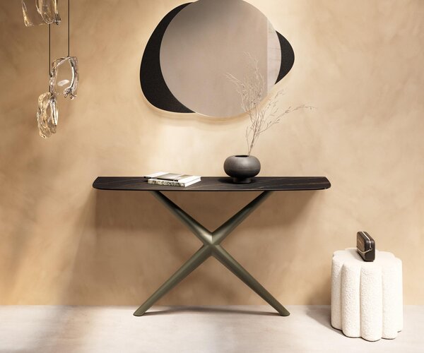 DELIFE Konzolasztal Edge hajóformájú 140x40 cm Laminam® kerámia Noir Desir barna Estelo fém titán effektfinish