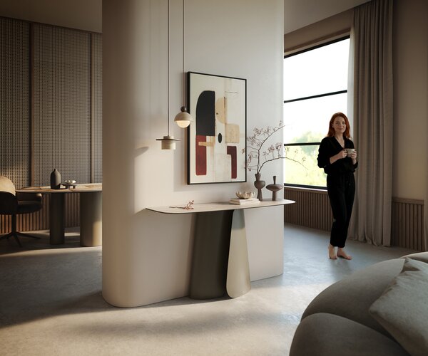 DELIFE Konzolasztal Edge hajóformájú 140x40 cm kerámia Laminam® Travertino Bianco krémfehér Livos fém titán színű effekt finish