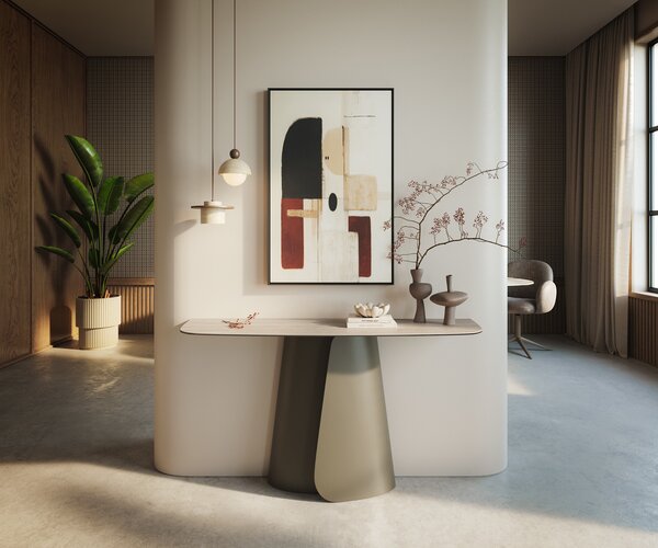 DELIFE Konzolasztal Edge hajóformájú 140x40 cm kerámia Laminam® Travertino Bianco krémfehér Livos fém titán színű effekt finish