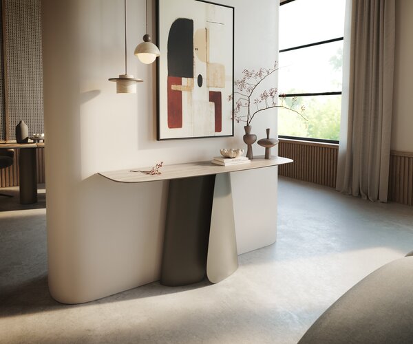 DELIFE Konzolasztal Edge hajóformájú 140x40 cm kerámia Laminam® Travertino Bianco krémfehér Livos fém titán színű effekt finish