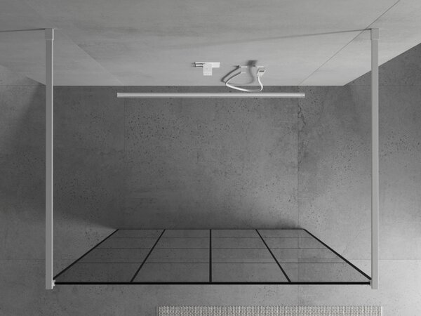 Mexen Kioto, átmenő zuhany paraván 130 x 200 cm, 8mm átlátszó / fekete üvegminta, 2x fehér stabilizáló távtartó, 800-130-002-20-77