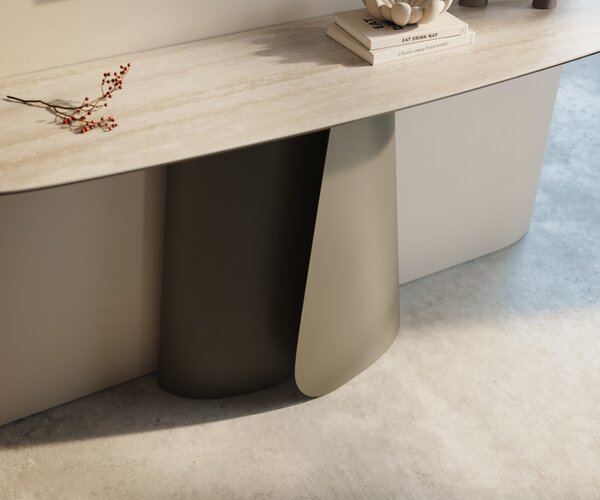 DELIFE Konzolasztal Edge hajóformájú 140x40 cm kerámia Laminam® Travertino Bianco krémfehér Livos fém titán színű effekt finish