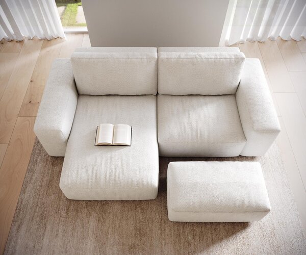 DELIFE Sarokkanapé Lanzo 230x155 cm bouclé krémfehér változtatható rekamié puffal