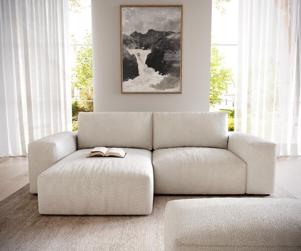 DELIFE Sarokkanapé Lanzo 230x155 cm bouclé krémfehér változtatható rekamié puffal