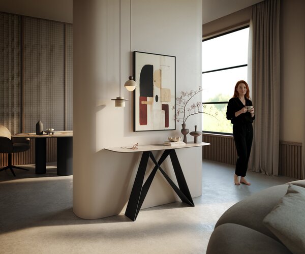 DELIFE Konzolasztal Edge hajóformájú 140x40 cm kerámia Laminam® Travertino Bianco krémfehér Velio fém fekete