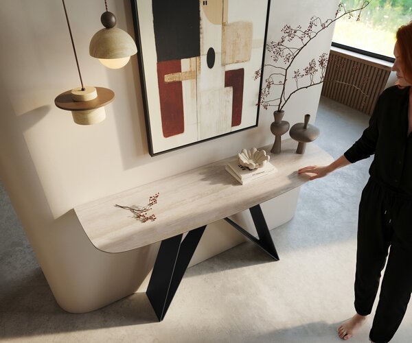 DELIFE Konzolasztal Edge hajóformájú 140x40 cm kerámia Laminam® Travertino Bianco krémfehér Velio fém fekete