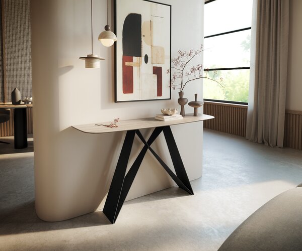 DELIFE Konzolasztal Edge hajóformájú 140x40 cm kerámia Laminam® Travertino Bianco krémfehér Velio fém fekete