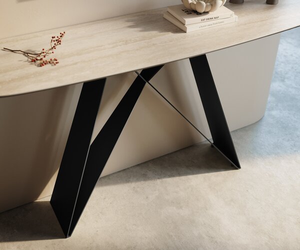 DELIFE Konzolasztal Edge hajóformájú 140x40 cm kerámia Laminam® Travertino Bianco krémfehér Velio fém fekete