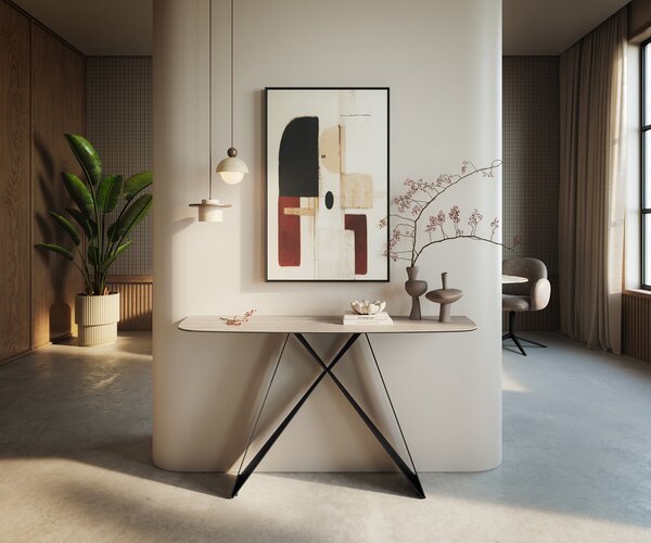 DELIFE Konzolasztal Edge hajóformájú 140x40 cm kerámia Laminam® Travertino Bianco krémfehér Velio fém fekete
