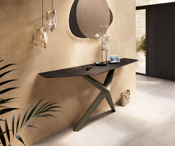 DELIFE Konzolasztal Edge poligonális 180x50 cm Laminam® kerámia Noir Desir barna Zentharo fém titán effekt finish