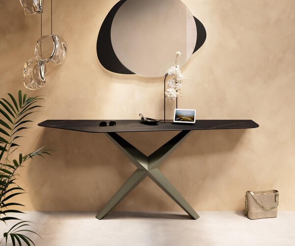 DELIFE Konzolasztal Edge poligonális 180x50 cm Laminam® kerámia Noir Desir barna Zentharo fém titán effekt finish