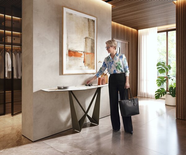 DELIFE Konzolasztal Edge poligonális 180x50 cm kerámia calacatta luxe fehér arany szürke Spios fém titán színű effekt finish
