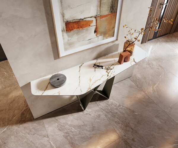 DELIFE Konzolasztal Edge poligonális 180x50 cm kerámia calacatta luxe fehér arany szürke Spios fém titán színű effekt finish
