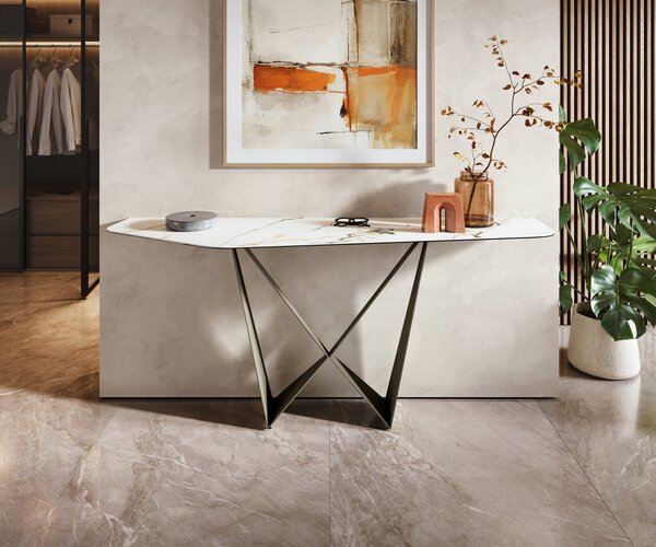DELIFE Konzolasztal Edge poligonális 180x50 cm kerámia calacatta luxe fehér arany szürke Spios fém titán színű effekt finish