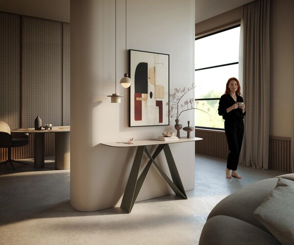 DELIFE Konzolasztal Edge hajóformájú 140x40 cm Laminam® Travertino Bianco krémfehér Velio fém titán színű hatású