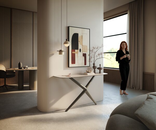 DELIFE Konzolasztal Edge hajóformájú 140x40 cm kerámia Laminam® Travertino Bianco krémfehér Estelo fém titán színű hatású