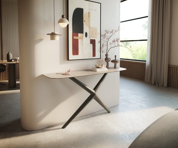 DELIFE Konzolasztal Edge hajóformájú 140x40 cm kerámia Laminam® Travertino Bianco krémfehér Estelo fém titán színű hatású