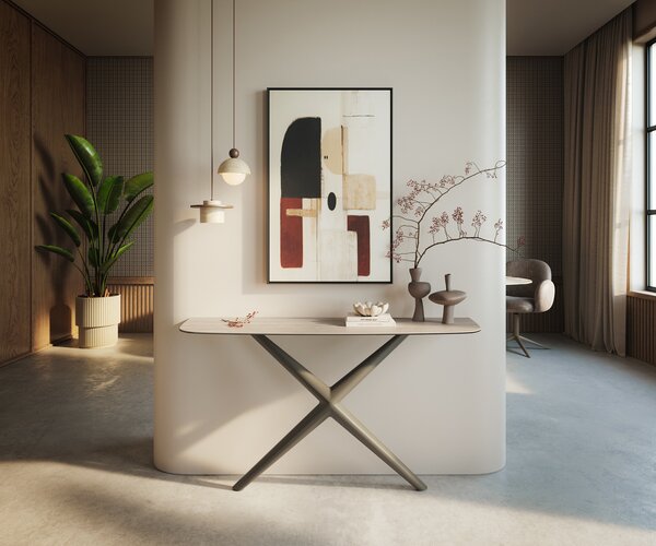 DELIFE Konzolasztal Edge hajóformájú 140x40 cm kerámia Laminam® Travertino Bianco krémfehér Estelo fém titán színű hatású