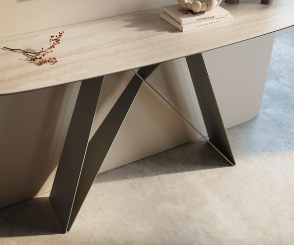 DELIFE Konzolasztal Edge hajóformájú 140x40 cm Laminam® Travertino Bianco krémfehér Velio fém titán színű hatású