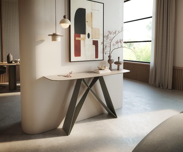 DELIFE Konzolasztal Edge hajóformájú 140x40 cm Laminam® Travertino Bianco krémfehér Velio fém titán színű hatású