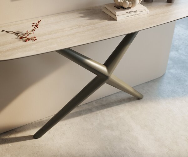 DELIFE Konzolasztal Edge hajóformájú 140x40 cm kerámia Laminam® Travertino Bianco krémfehér Estelo fém titán színű hatású